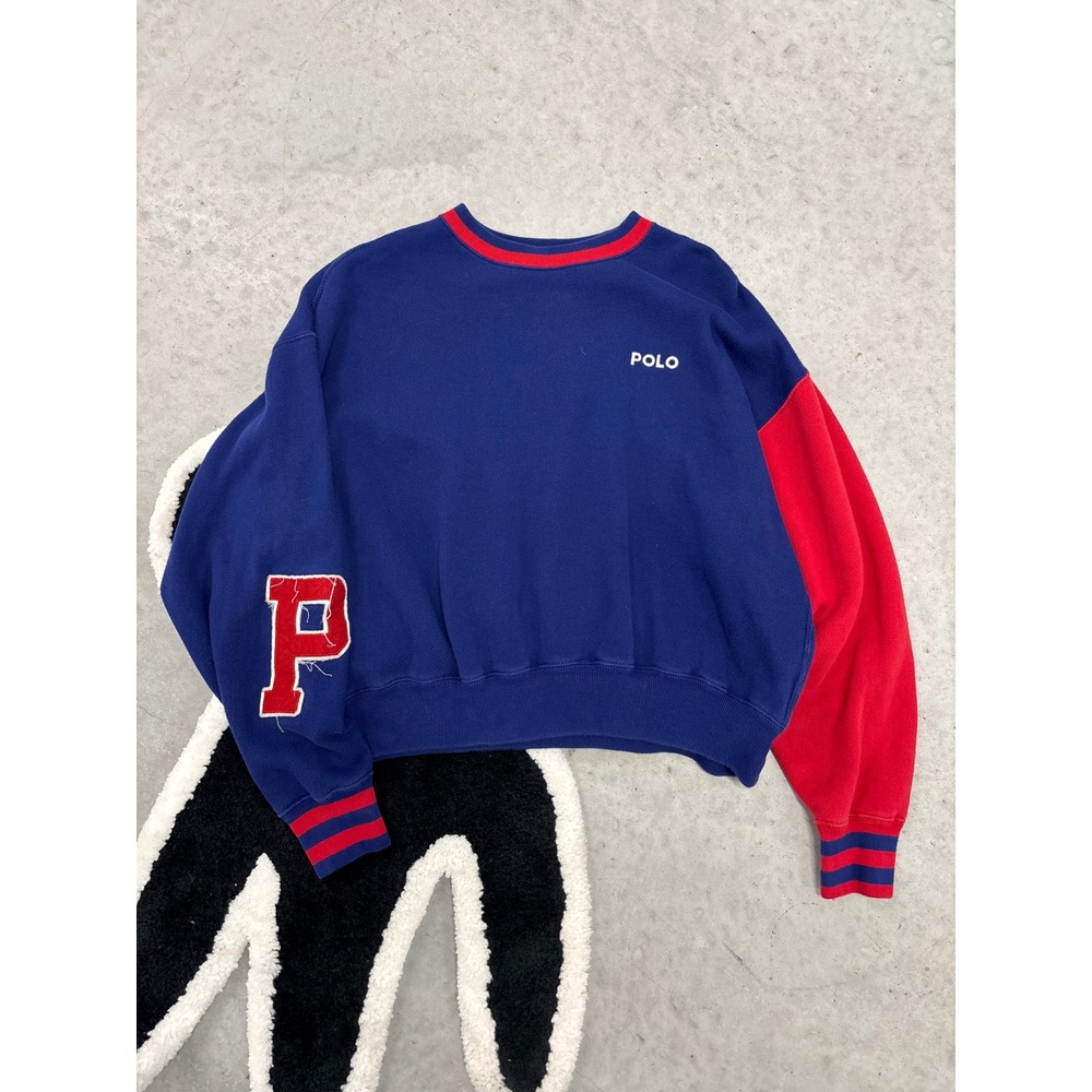 Polo Ralph Lauren Women Navy Red Colorblock Varsity P Patch Sweatshirt Small